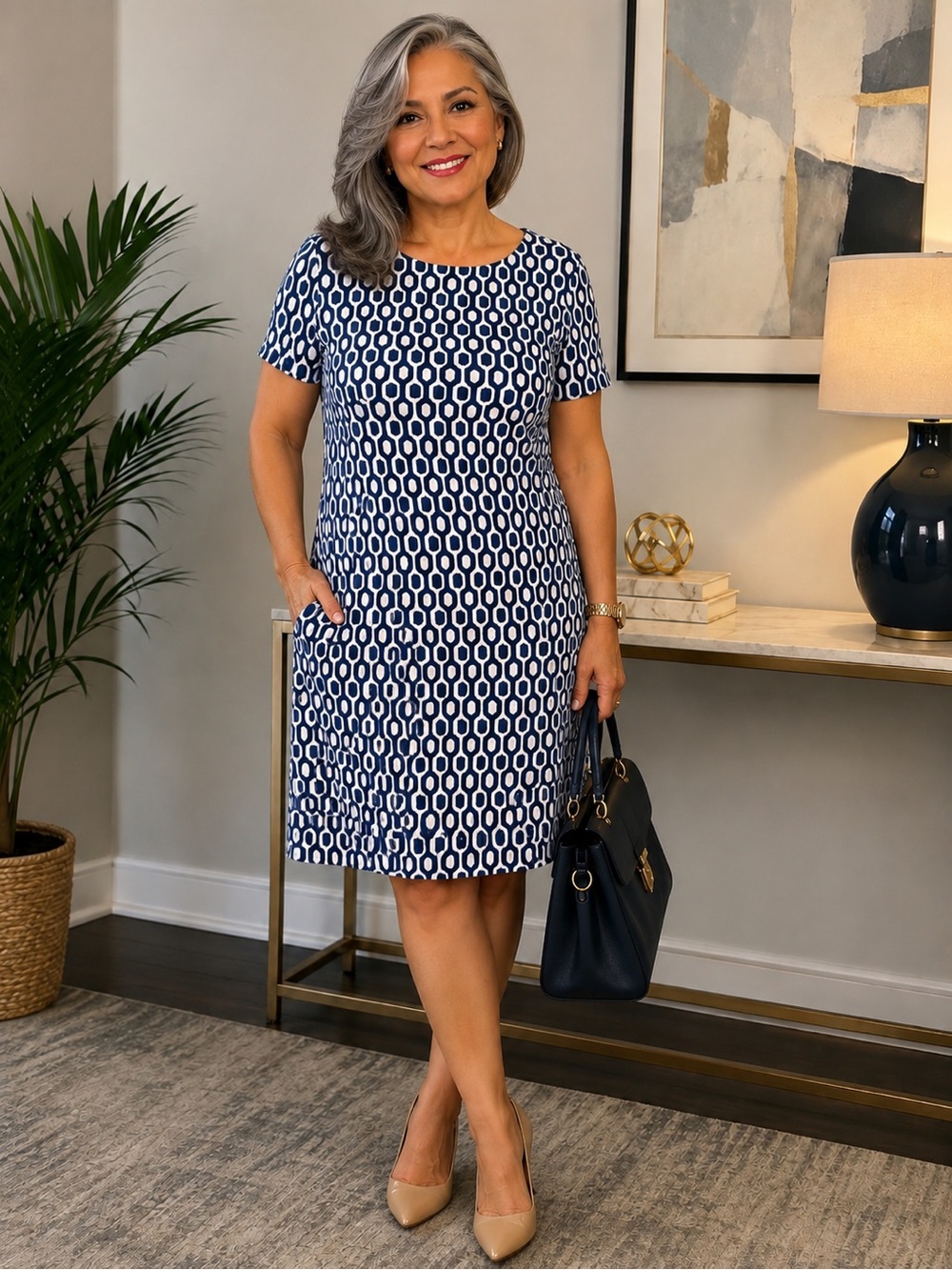 Ronni Nicole Navy and White Geometric Short-Sleeve Shift Dress with Pockets